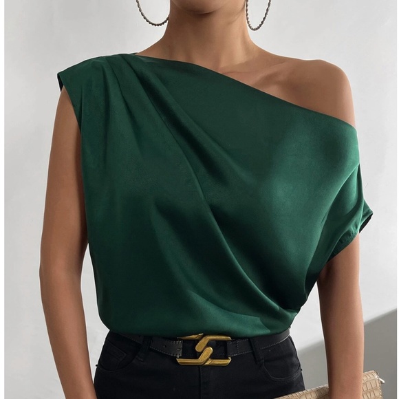 Rouge! Tops - Dark Green Satin Draped Asymmetrical Blouse Top